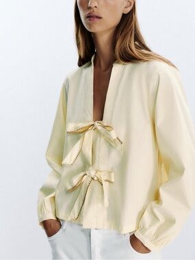 Zara Pale Yellow Bow-Tie Button Down Blouse